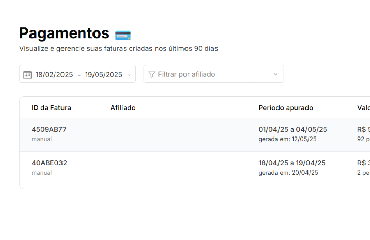 Tela de fechamento automático dos pagamentos - Vertte - Gestão de Afiliados