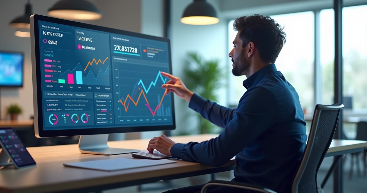 Person managing affiliate marketing coupons on a digital dashboard with charts and commission data