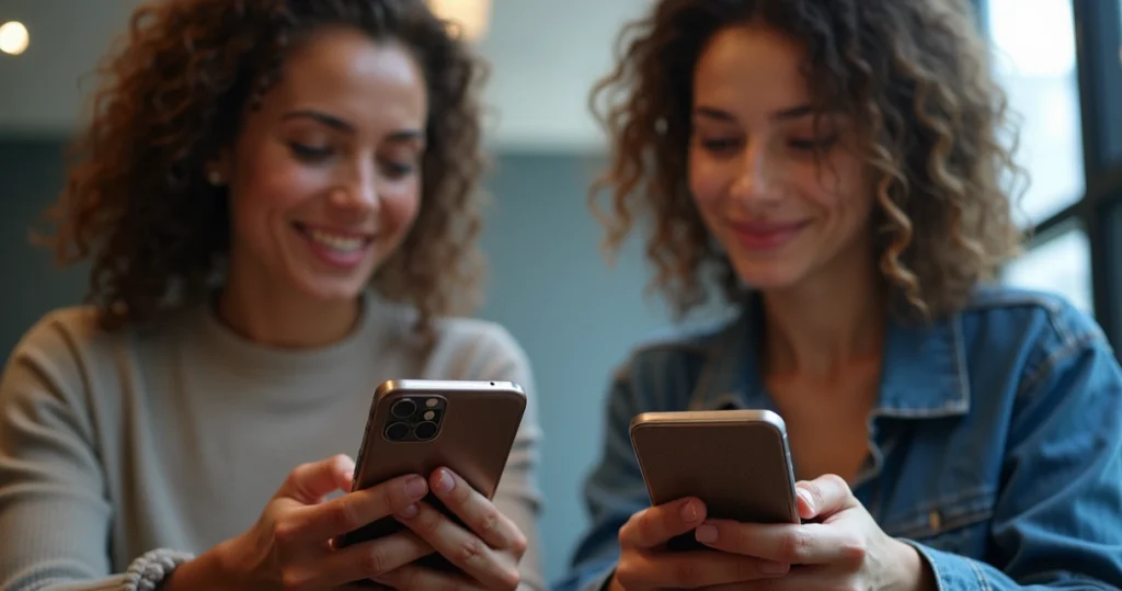 Two influencers comparing their social media engagement on smartphones side by side