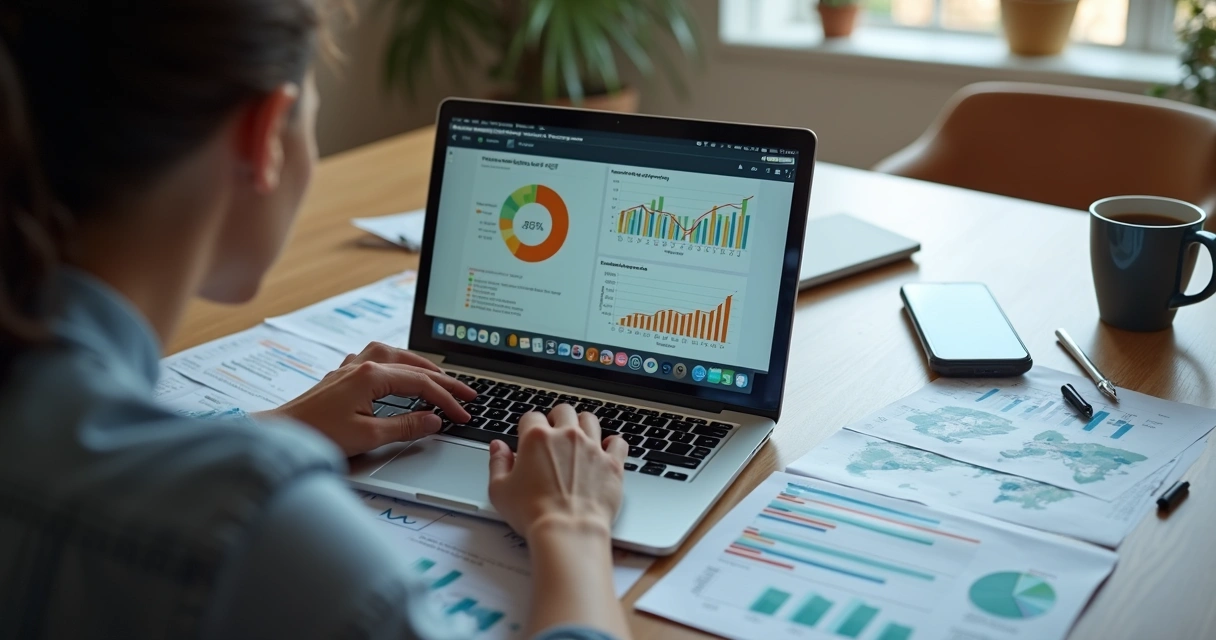 Desk with laptop showing affiliate commission errors and sales charts with frustrated marketer analyzing data