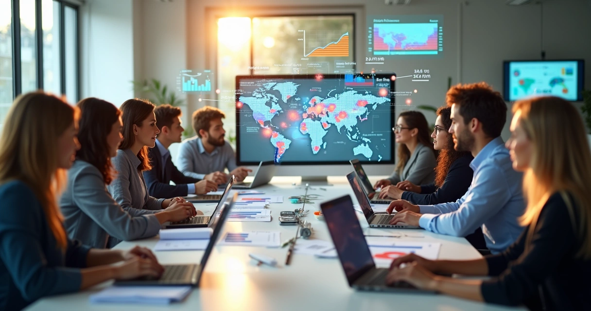 Equipe diversa em reunião colaborativa discutindo estratégias para embaixadores de marca com laptops e gráficos digitais
