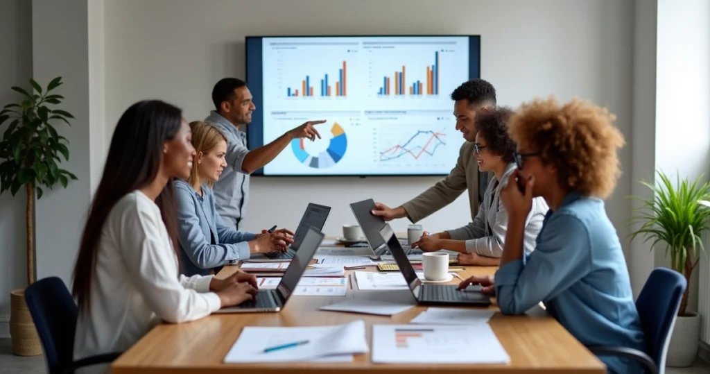 Equipe de marketing digital planejando campanha de influencers com laptop e gráficos na mesa