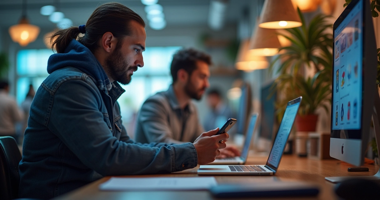 Influenciadores digitais trabalhando com smartphone e laptop para gerenciar vendas online com gráficos e cupons visíveis na tela